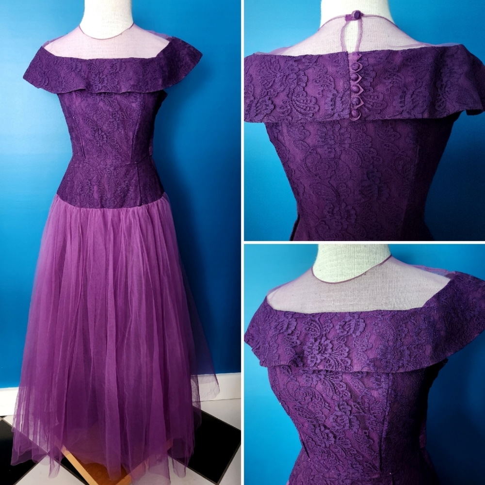 1950s purple and tulle lace gown
